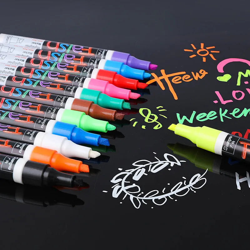 Electronic fluorescent board highlighter pen with plastic shell and oblique 6mm tip, shown with 8-colour refill set.