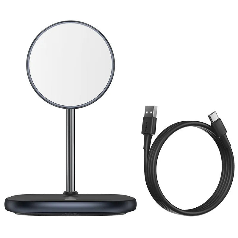 Swan Magnetic Desktop Stand Wireless Charger for iPhone 12 in black on a desk.