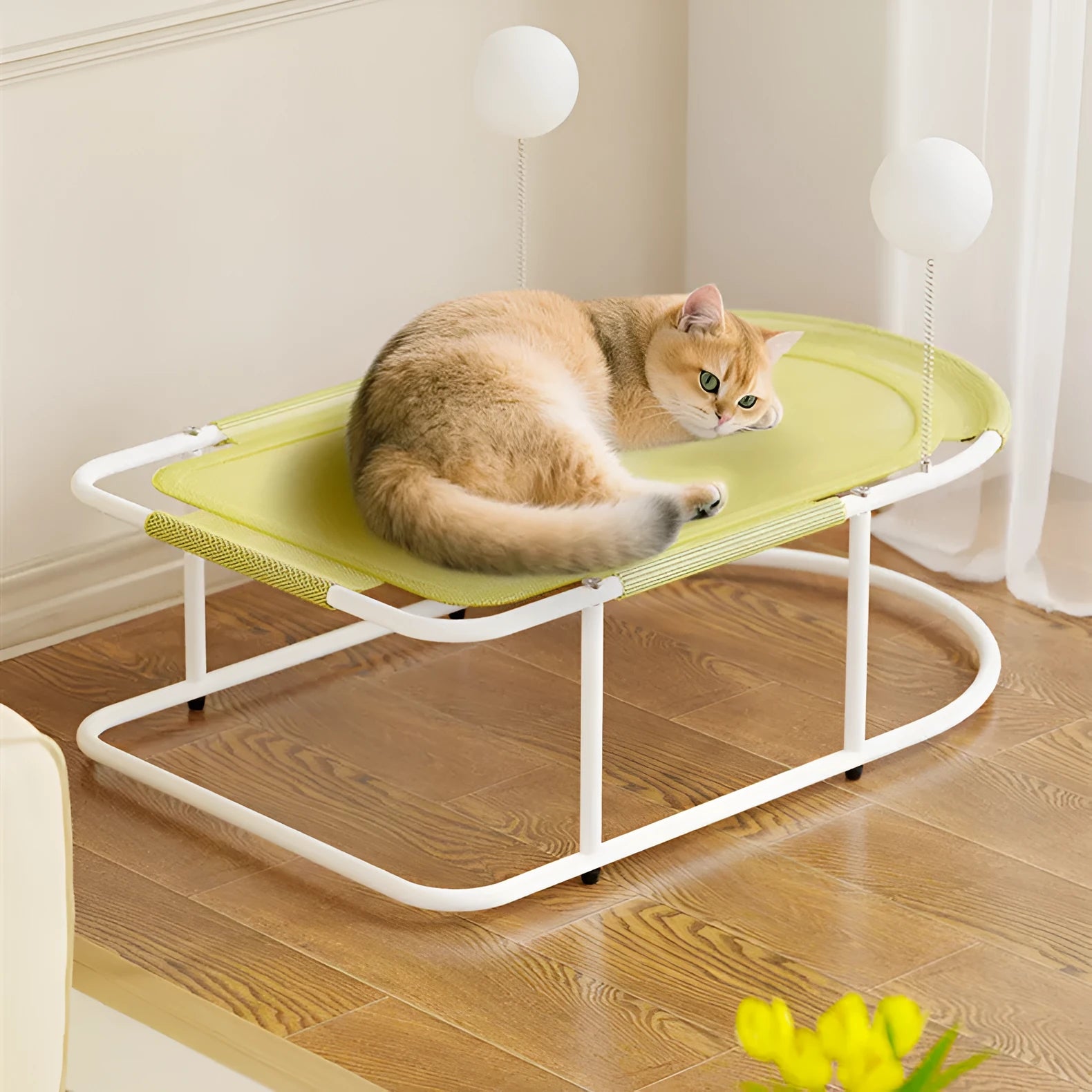 Large grey fabric cat kennel with breathable bracket design, serving as a summer pet bed.