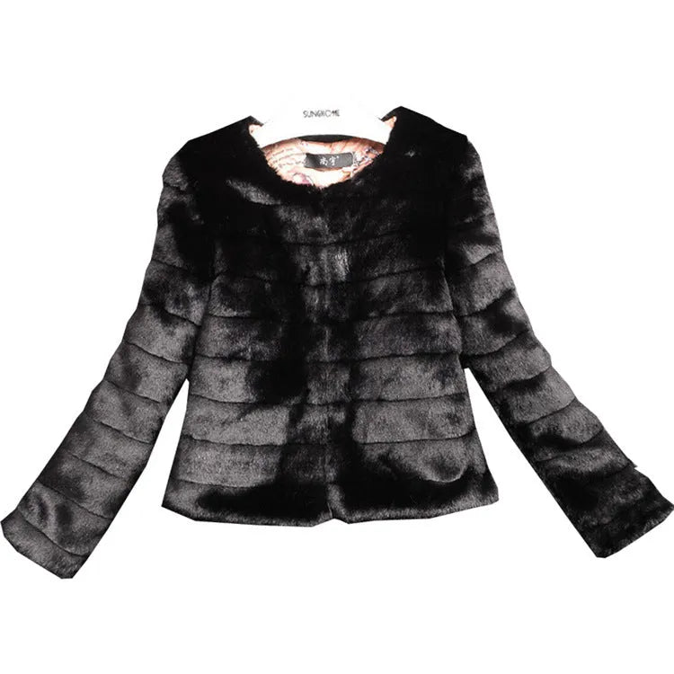 Women's short faux fur top in beige, shown with regular sleeves and a cropped hem.