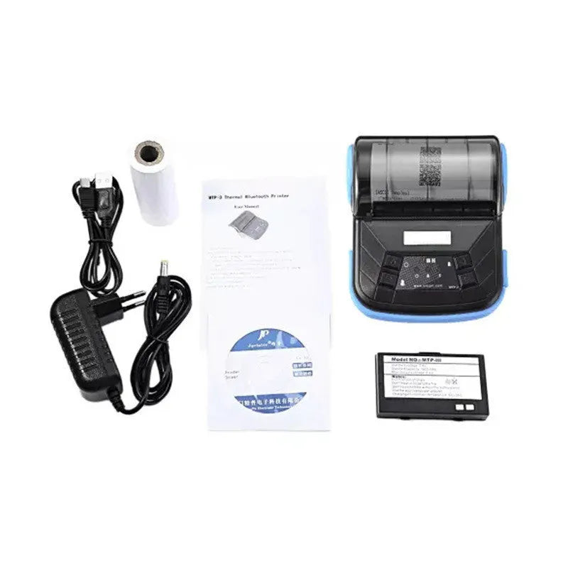 Thermal Bluetooth handheld bill printer with 80mm paper roll and charger, available with UK plug