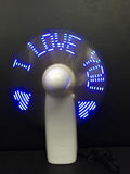 White handheld mini fan with LED flashing love pattern display