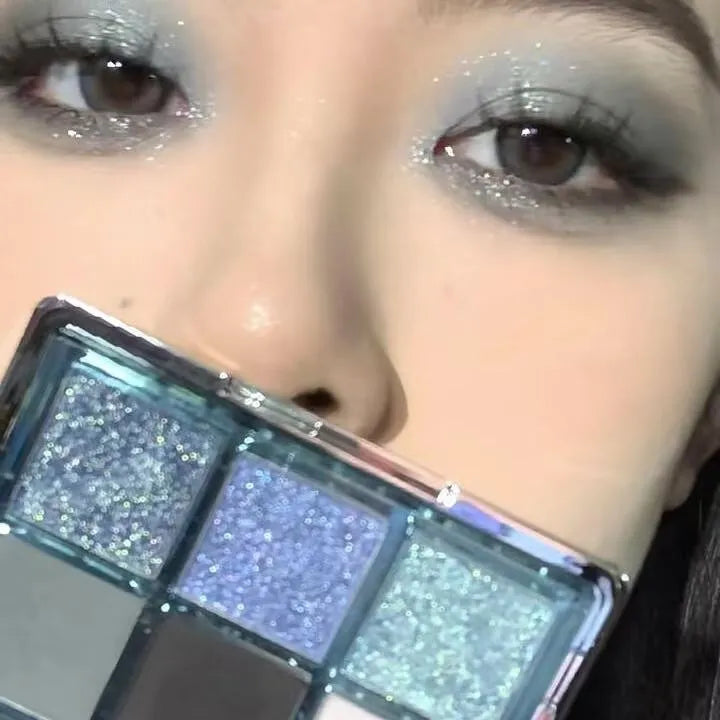 MUGELEEN nine-colour eye shadow palette 08 showing matte and shimmer blue smoked eye shadows