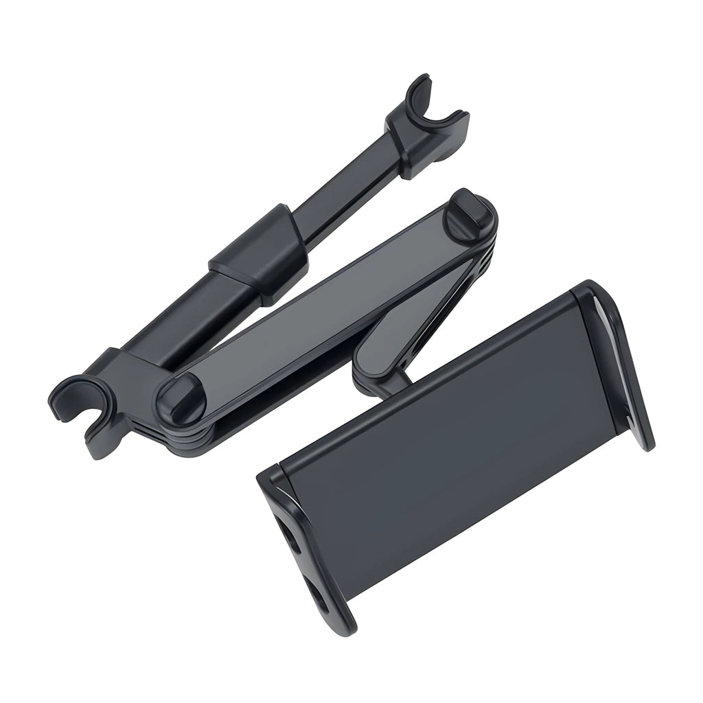 Black universal car phone and tablet holder with snap-in base for mounting on rear car seats.