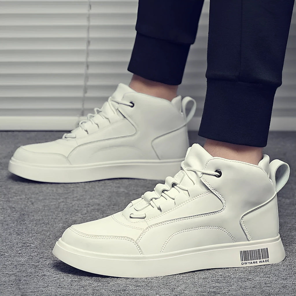 Men's white mid-top casual sports shoes with lace-up front and round toe.