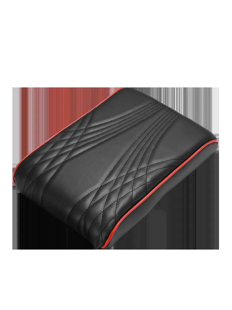 PU leather car armrest cover with heightening insole, black stripes, with pocket, on vehicle seat