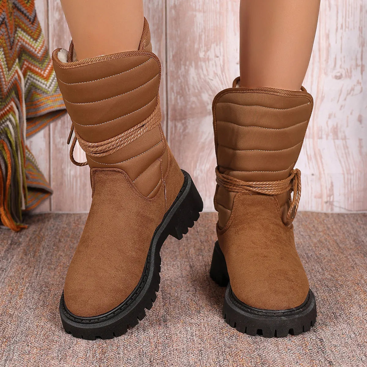 Women's chunky heel snow boots in suede with lace-up design and fleece lining