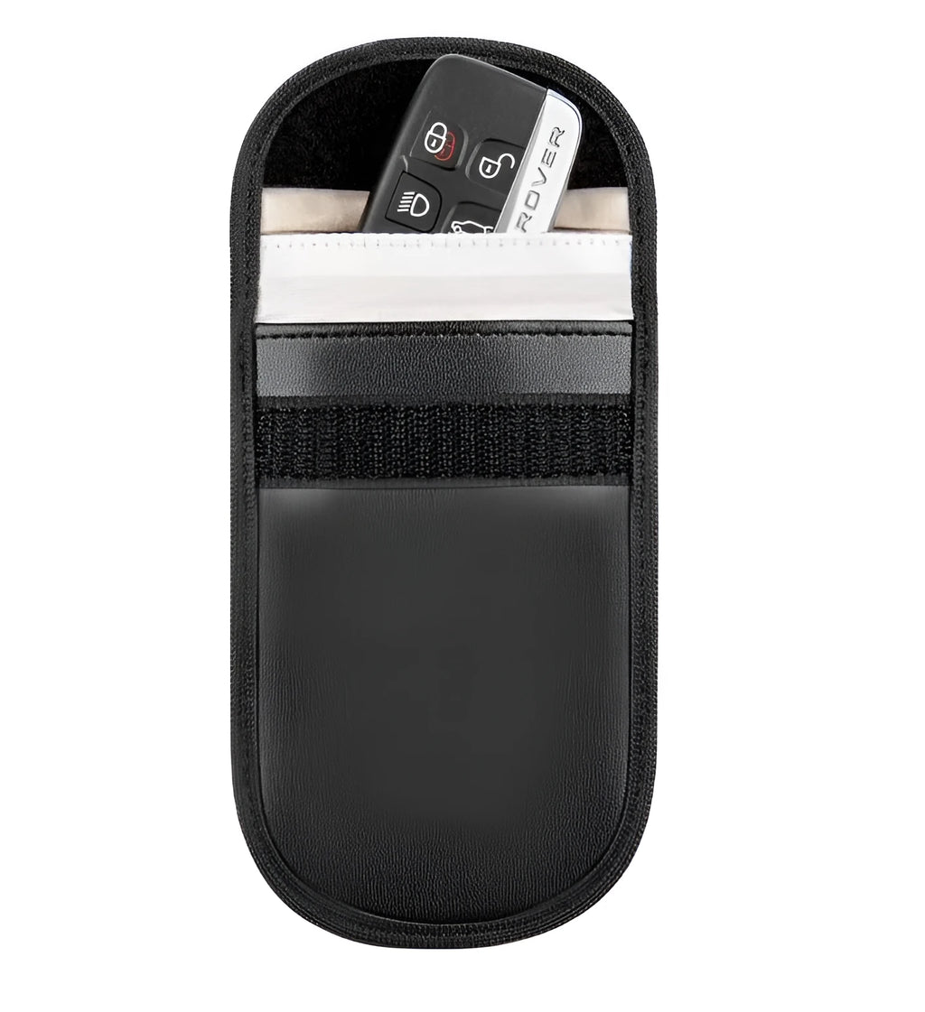 Black microfibre faraday cage bag for blocking car key, phone and RFID card signals.