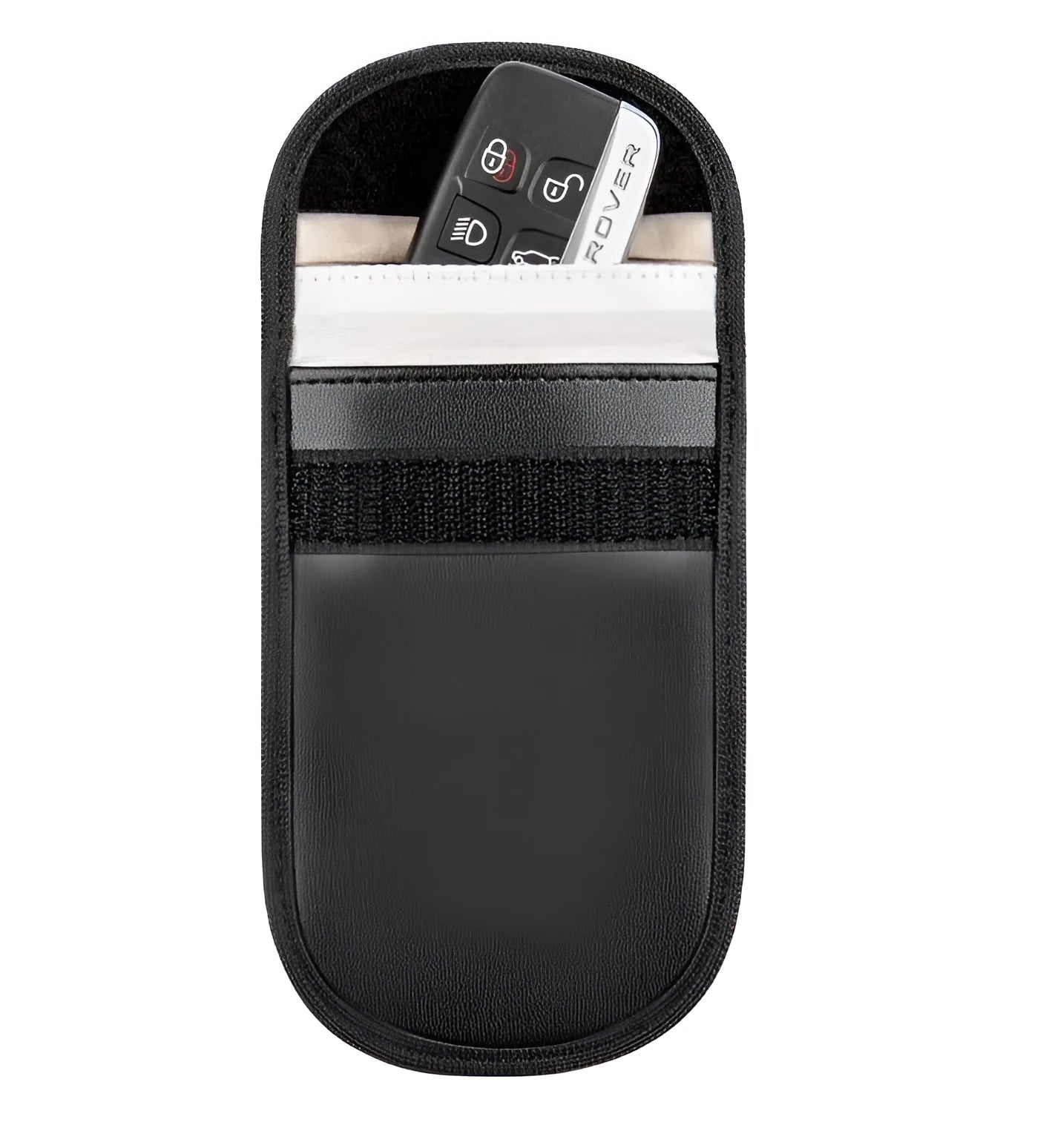 Black microfibre faraday cage bag for blocking car key, phone and RFID card signals.