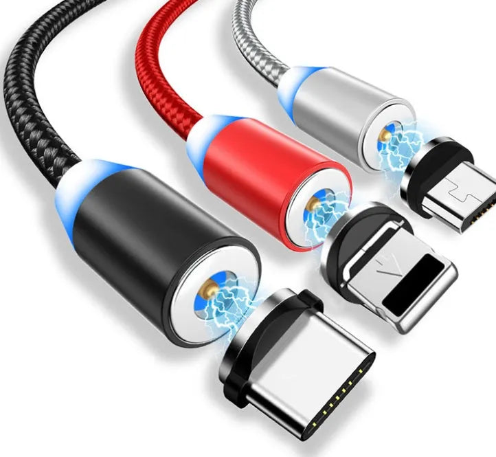 YBD magnetic LED charging cable with aluminium shell in black, showing three connector types and LED light