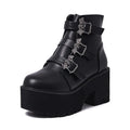 Black women's punk ankle boots with bat buckle and side zip, thick platform heel