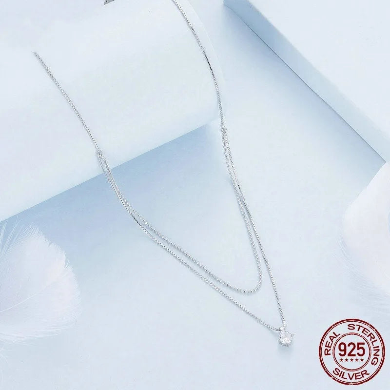 S925 sterling silver double-layer necklace with pearl chain design in silver colour