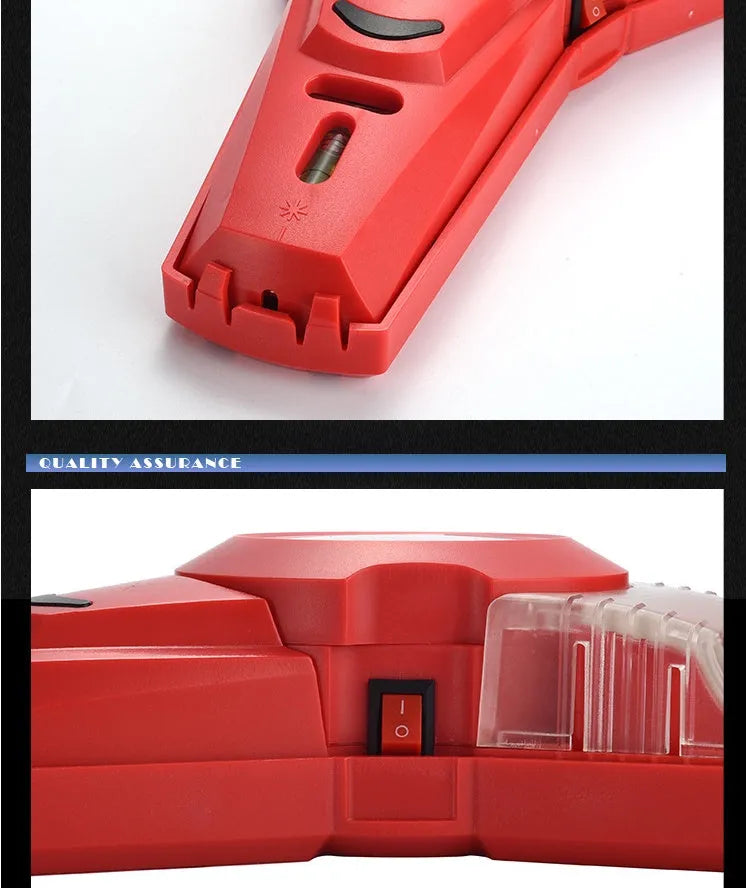 Red portable laser level tool for woodworking line projection and punching positioning on a workbench.