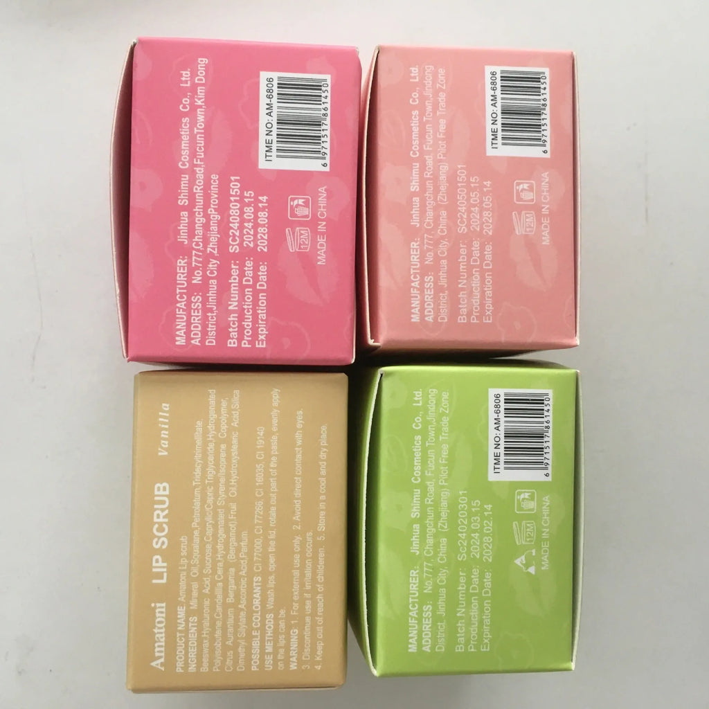 Amatoni fruit flavour lip scrub cream jar in 30g size, showing flavour options.