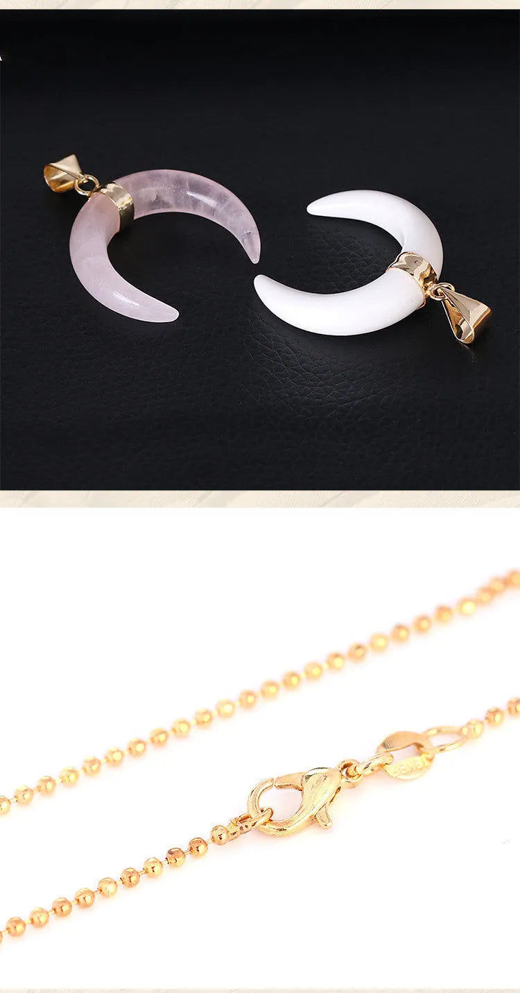 Natural stone moon pendant necklace with copper fittings on adjustable chain in pink or purple colour