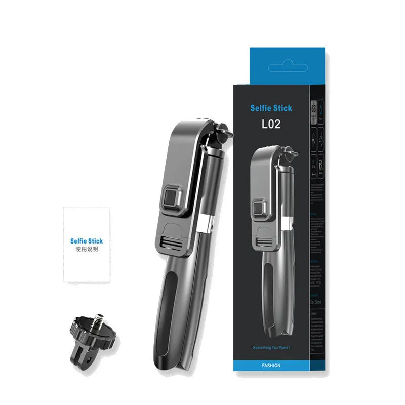 Black Bluetooth selfie stick tripod extended with smartphone mounted, wireless remote control shown