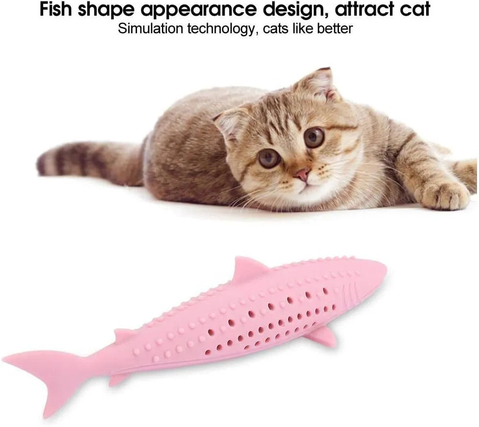 Green silicone fish-shaped cat chew toy with removable design showing breathable side holes