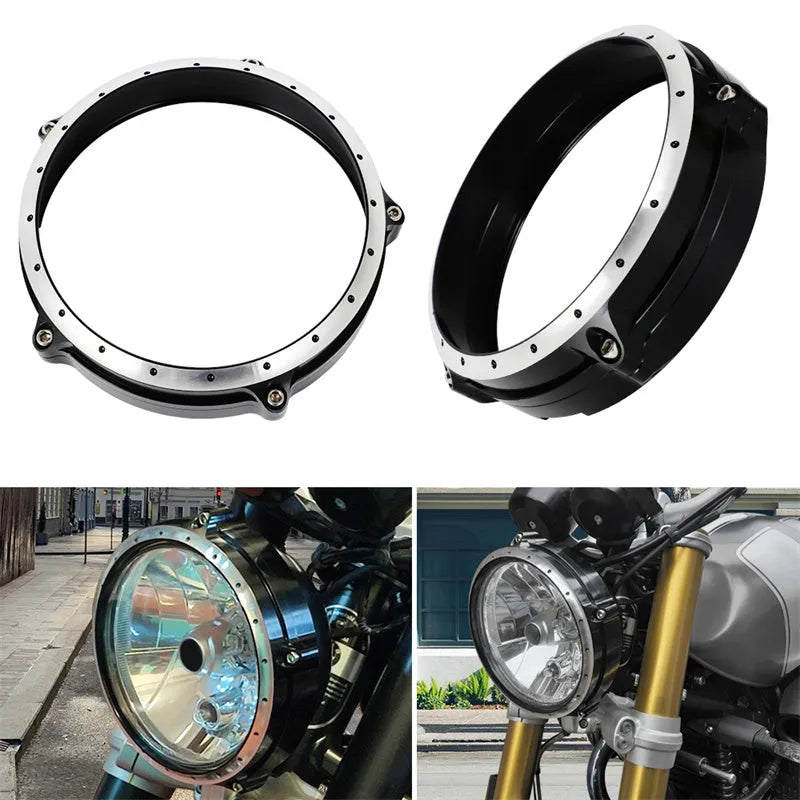 Black aluminium headlight guard for BMW R Nine T Scrambler motorcycle