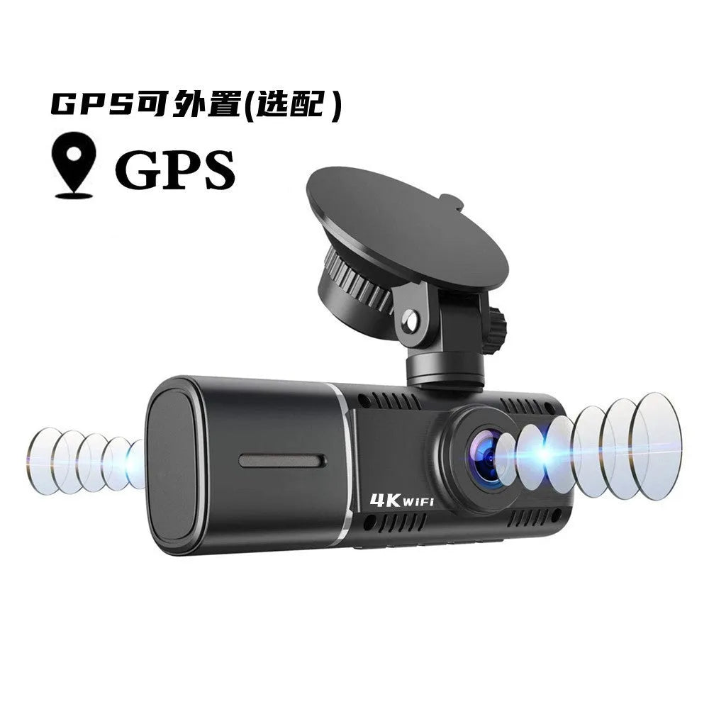Black dashboard camera mounted on car windscreen showing dual recording capability