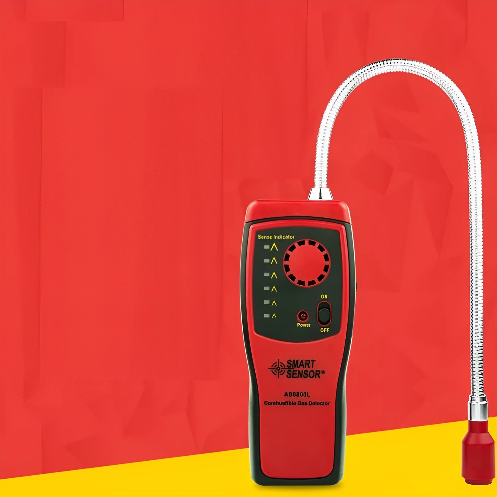 AS8800L portable flammable gas detector with LED alarm light, shown with three AA batteries.