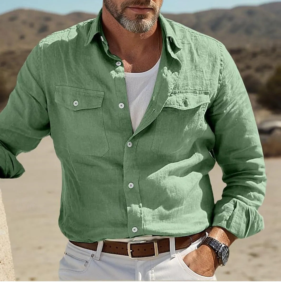 Men's long-sleeved cotton linen shirt in loose fit summer casual style