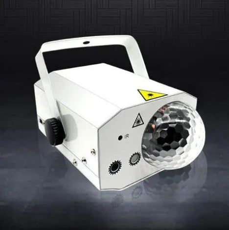 LED laser magic fan stage lighting equipment with dual projection effects in black housing