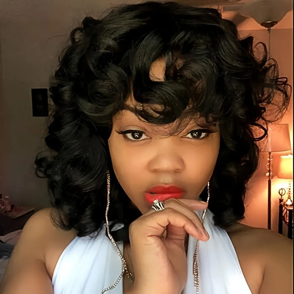 Black synthetic afro wig with long curly African styling for women