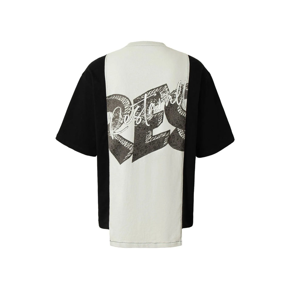 Broken collage deconstruction printed cotton blend t-shirt with black and white stitching design