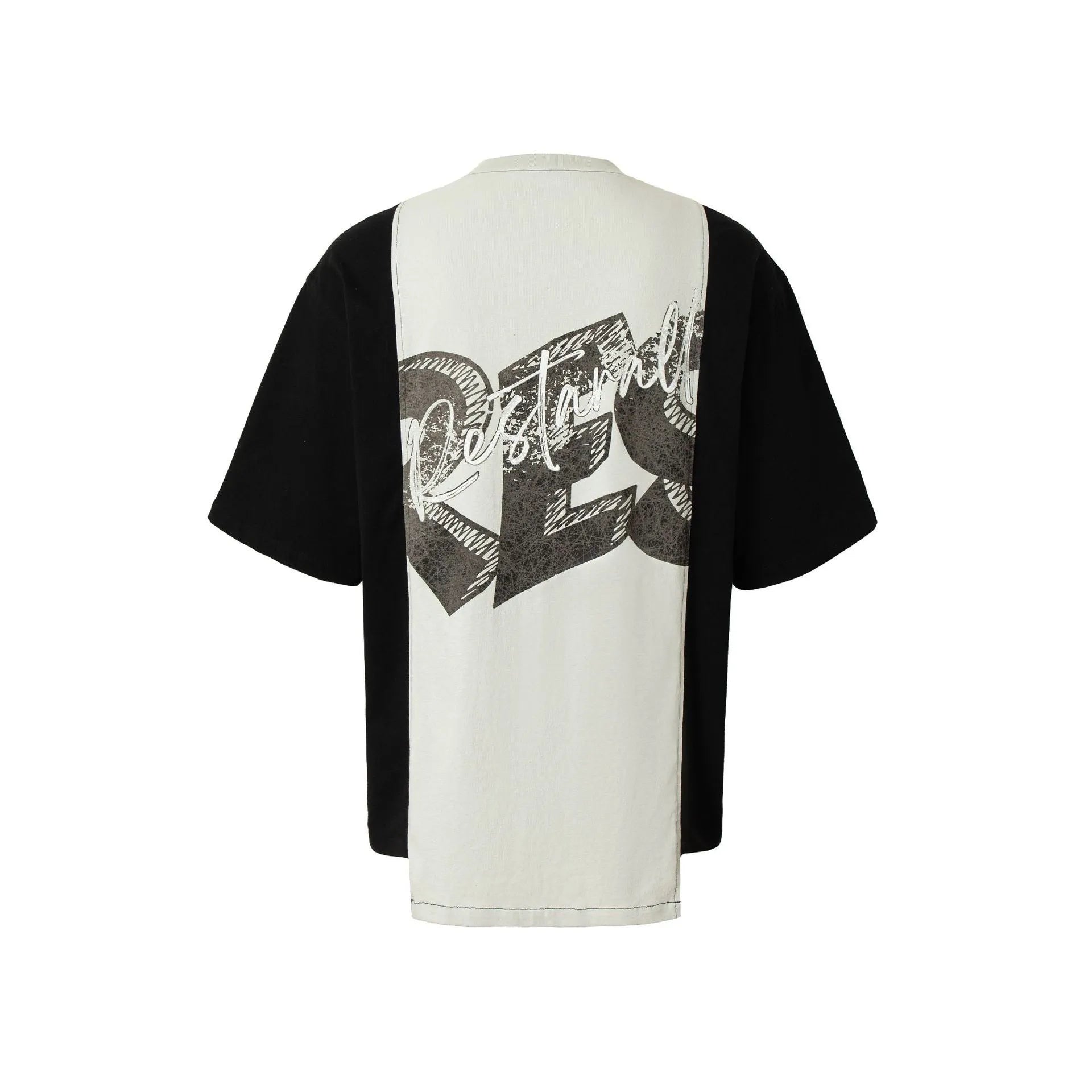 Broken collage deconstruction printed cotton blend t-shirt with black and white stitching design