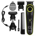 Black rechargeable electric hair clipper set with USB charging cable and cleaning brush