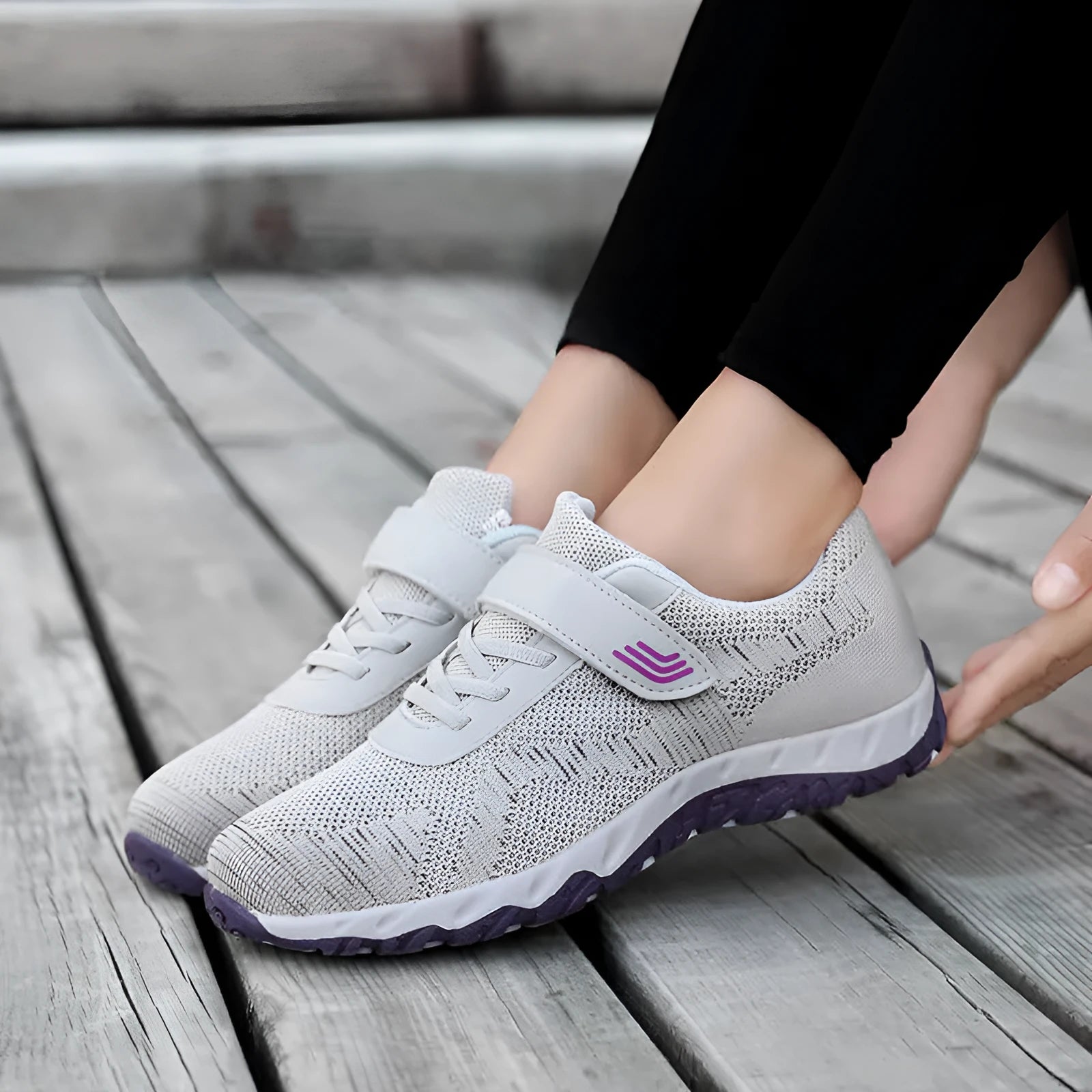 Women's solid color mesh wedge shoes with velcro strap and 3-5cm heel in Gray Purple or Black Rose Red