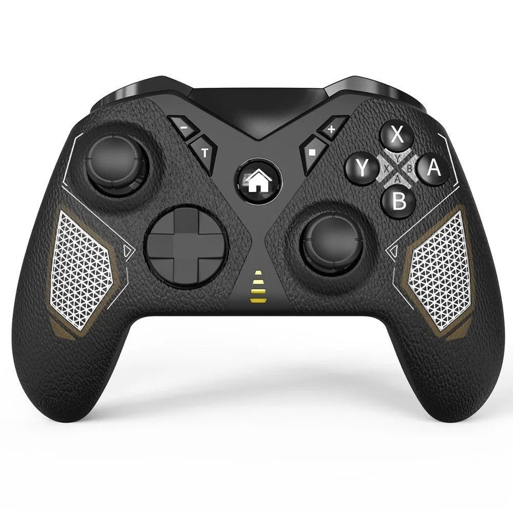 Black wireless game controller for Nintendo Switch with leather-pattern texture on grips