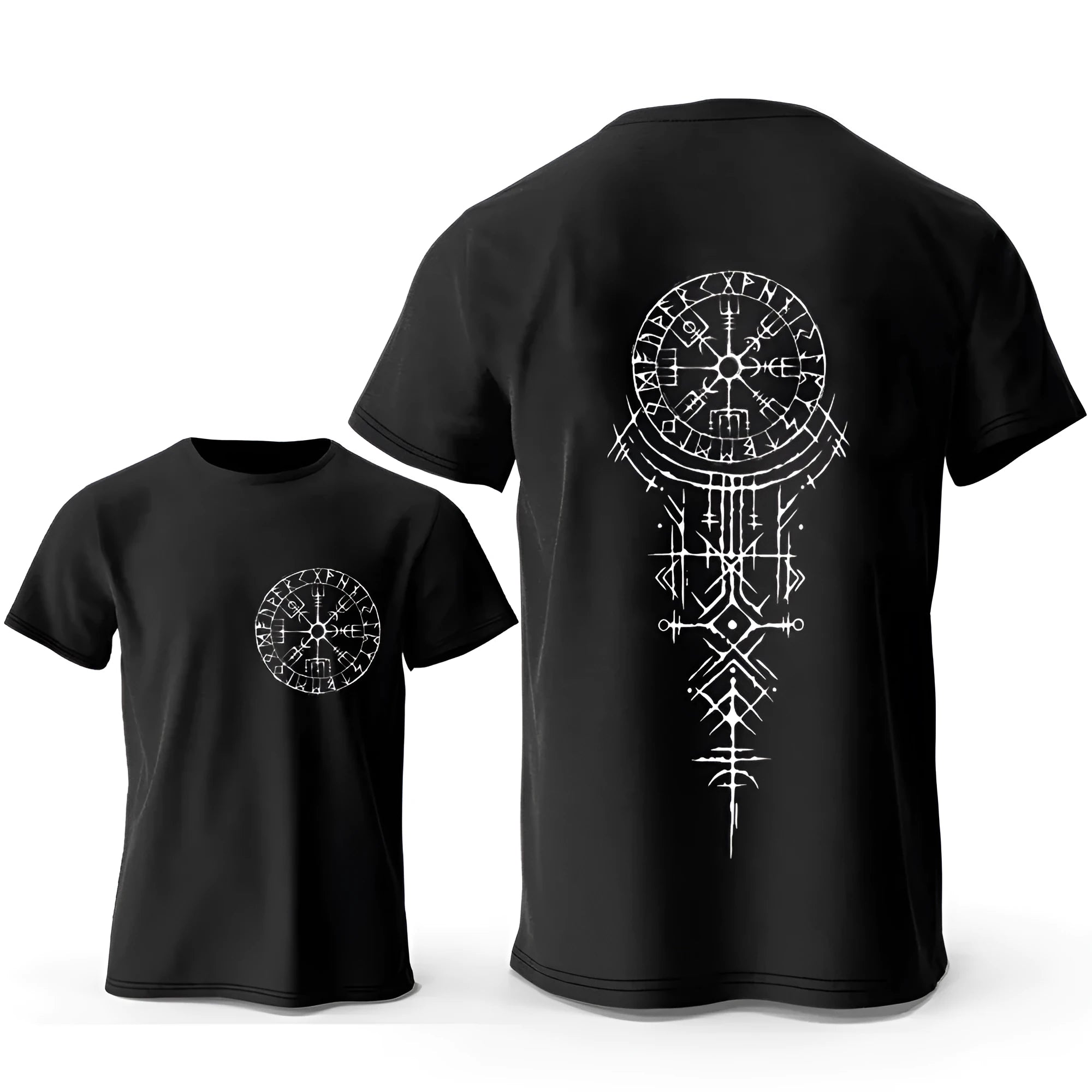 Man wearing a grey T-shirt with a printed Viking rune compass and smiling face design on the front.