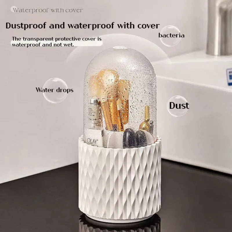 White rotating transparent makeup brush storage box with lid on desktop