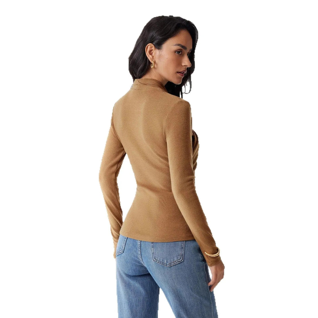 Camel-coloured slim fit women's long sleeve pullover sweater on a hanger.