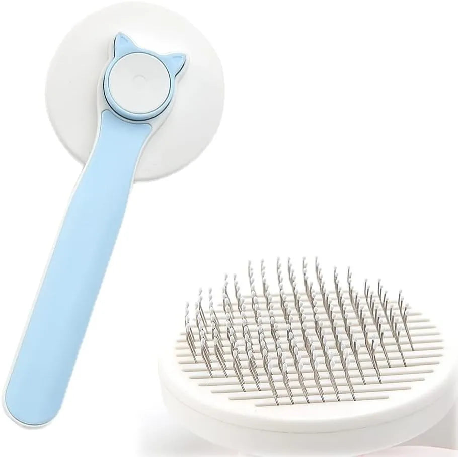 Blue self-cleaning cat grooming brush with rubber handle and metal pins, shown removing fur.