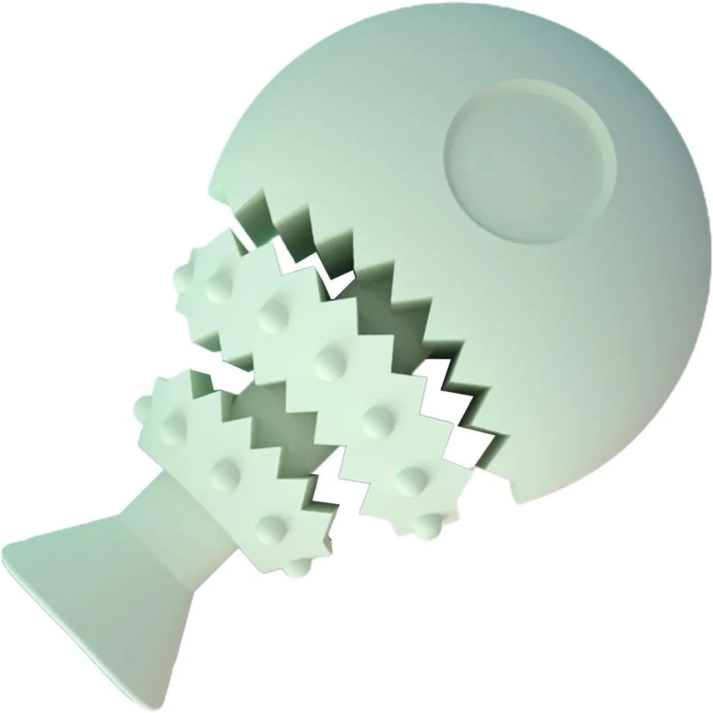 Blue fish bone shaped rubber dog chew toy with a hole for treats on a white background.