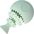 Blue fish bone shaped rubber dog chew toy with a hole for treats on a white background.