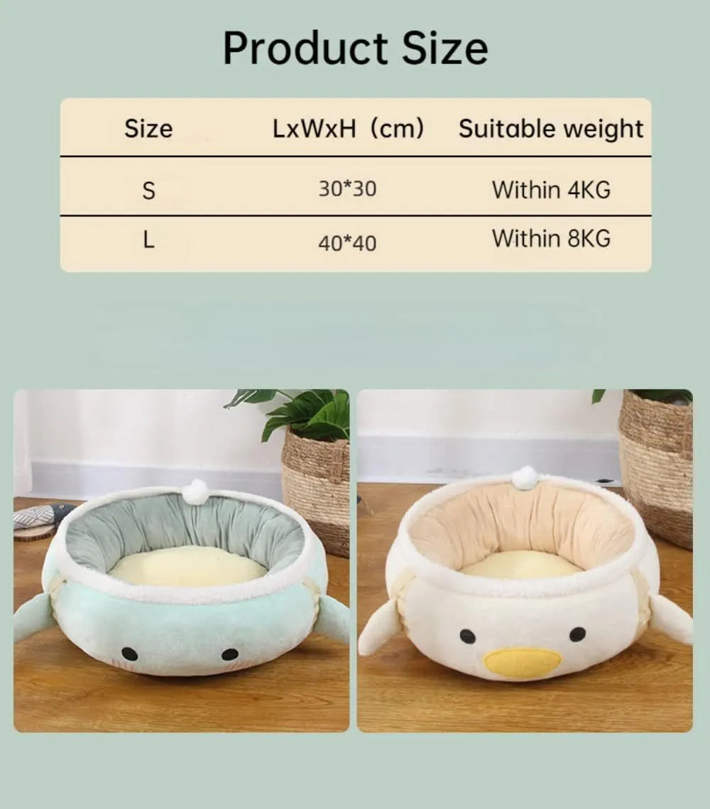 Green chick and dinosaur shaped cat bed shown both flat as a nest and hanging as a hammock for small pets.