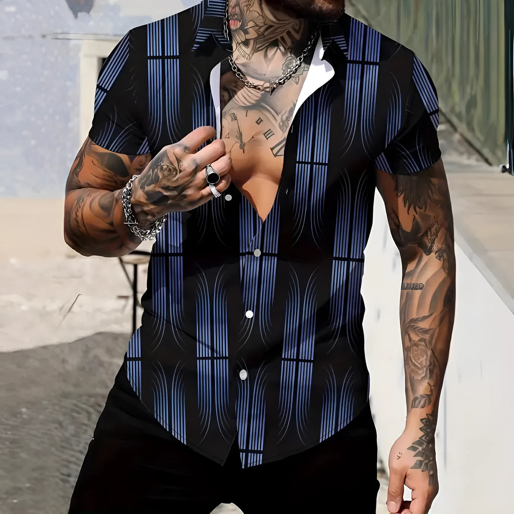 Men's geometric line pattern print shirt with lapel collar and short sleeves in slim fit