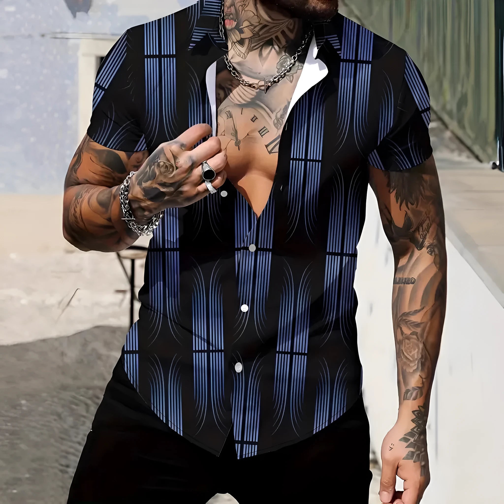 Men's geometric line pattern print shirt with lapel collar and short sleeves in slim fit