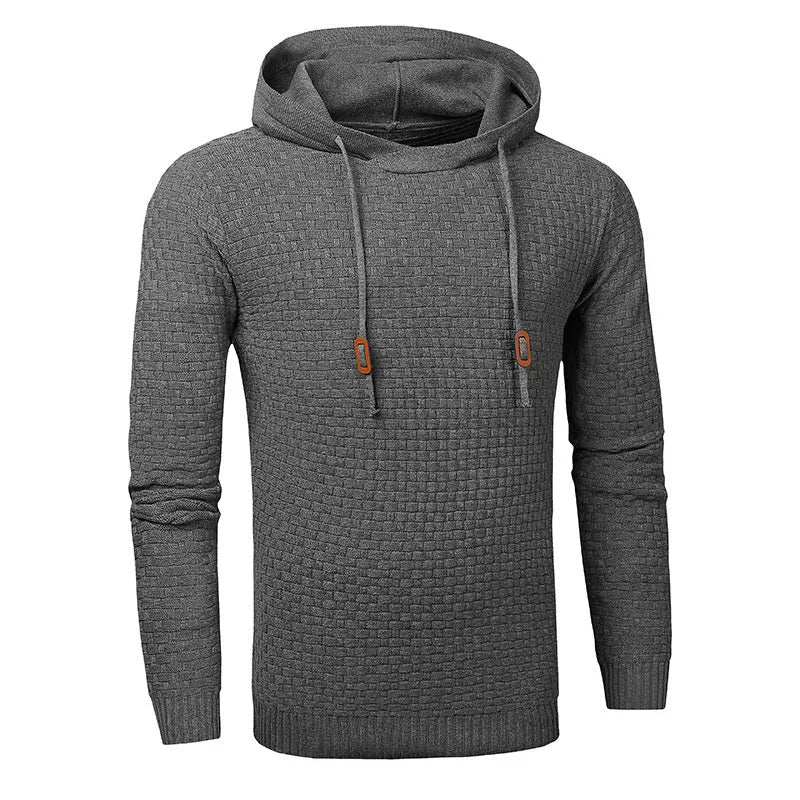 Men's black cotton-polyester hooded sweatshirt on a hanger, size label visible.