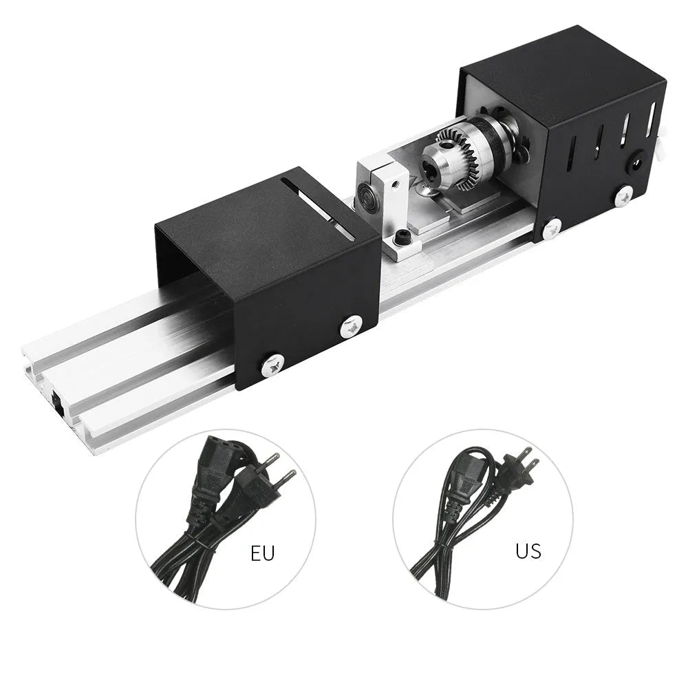 Mini manual woodworking lathe in silver metal finish with 140mm processing capacity