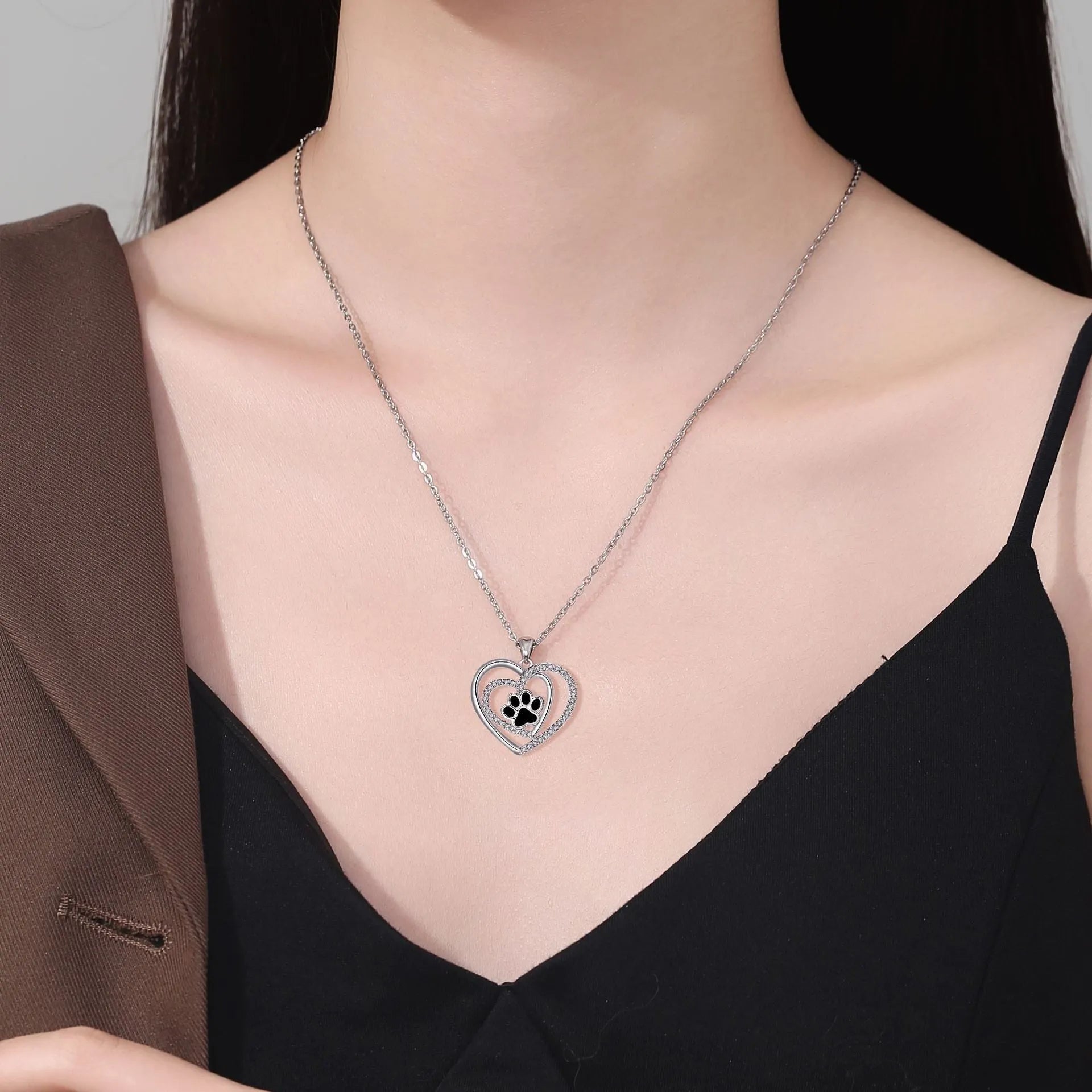 Women's dog paw print heart necklace on cross chain, electroplated copper construction
