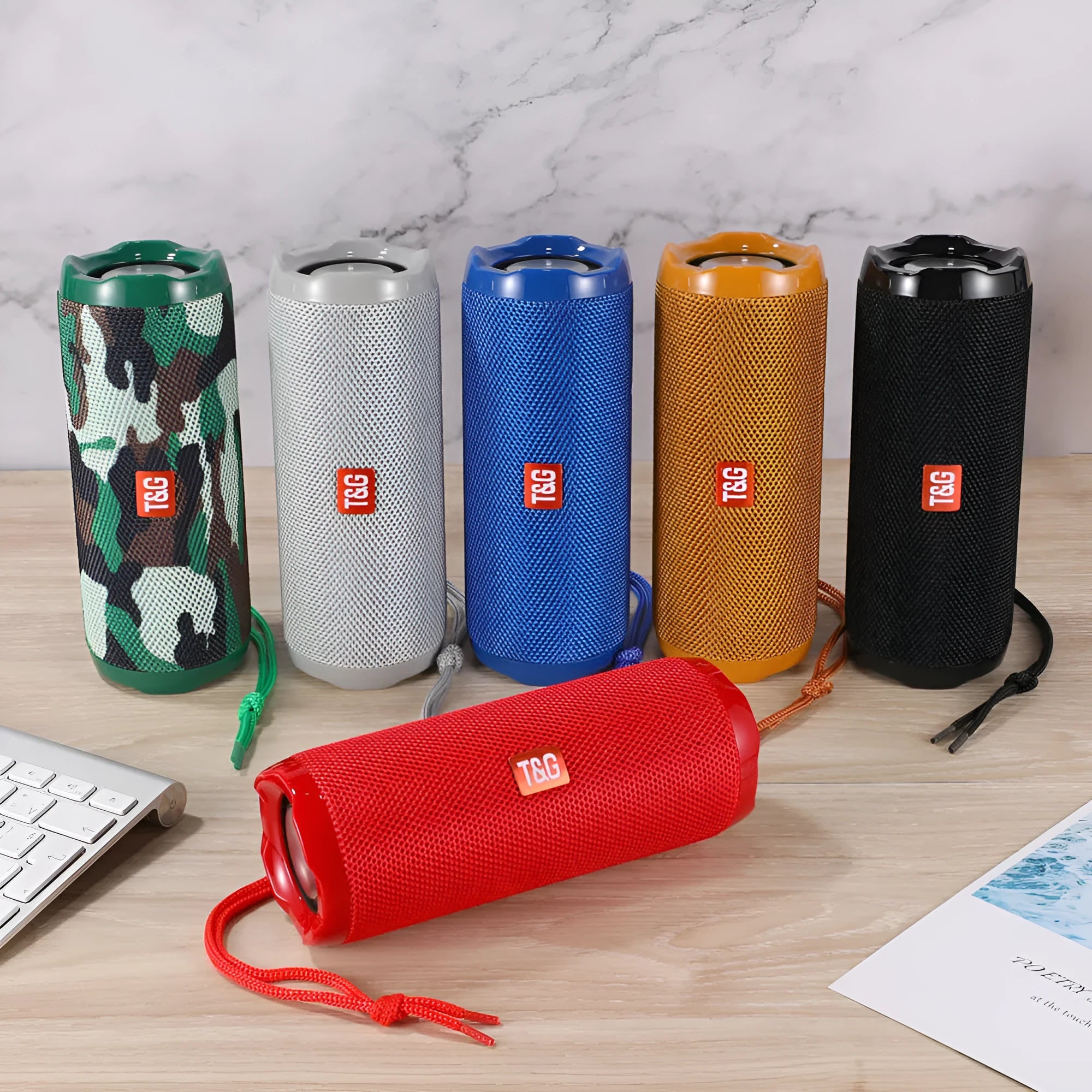 Fabric-covered portable Bluetooth speaker with card holder in multiple colour options