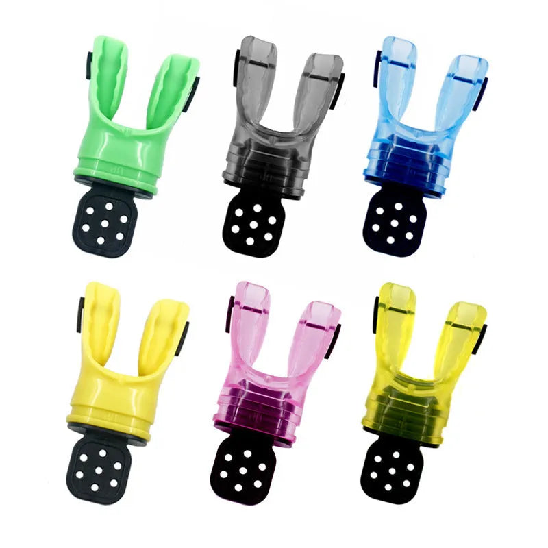 Plastic free edible silicone diving mouthpiece in various colours showing 110mm length