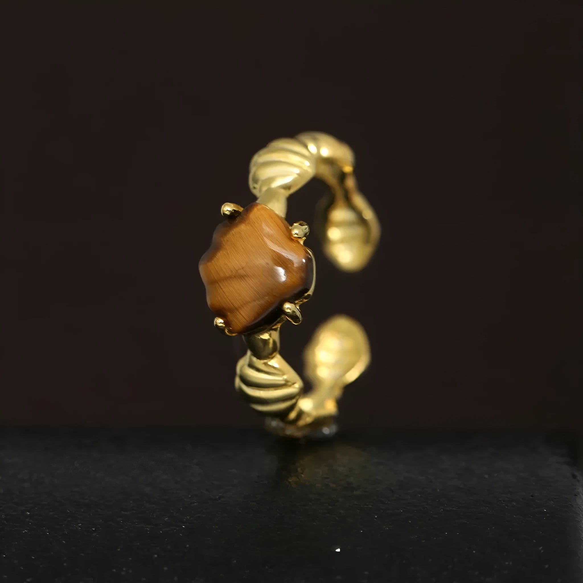 Women's adjustable silver ring with shell tiger eye stone in white gold electroplated finish