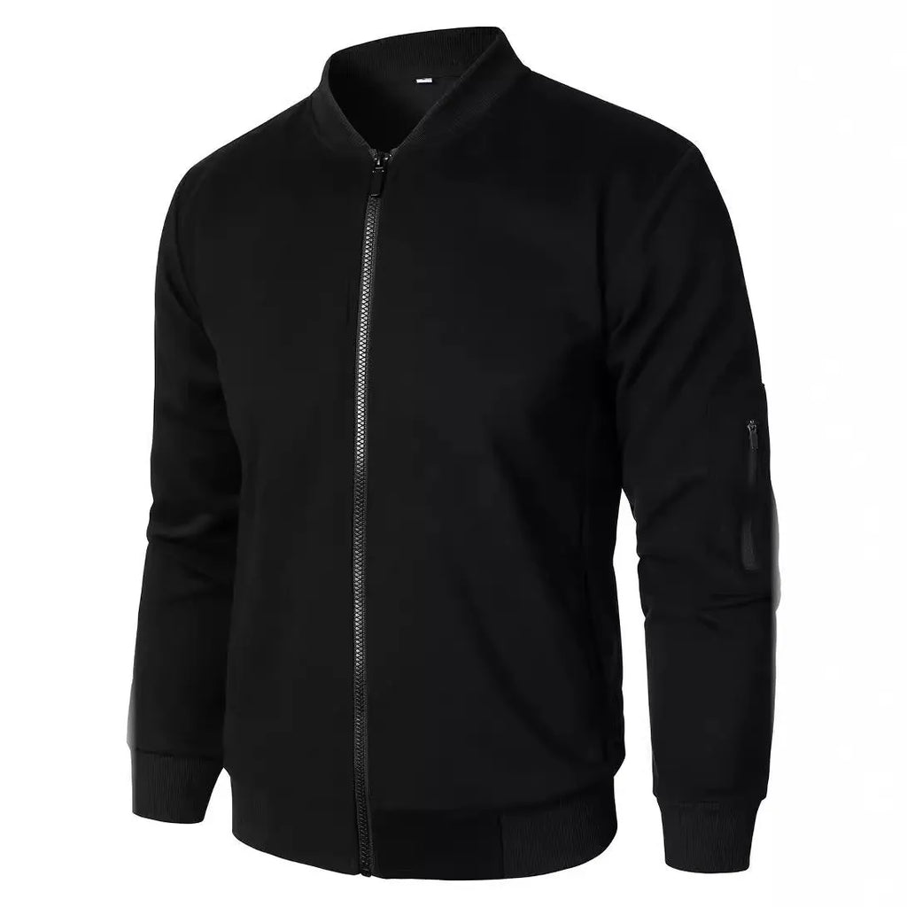 Men's loose-fit knitted jacket in light business style, shown in black, blue, or grey colour options.