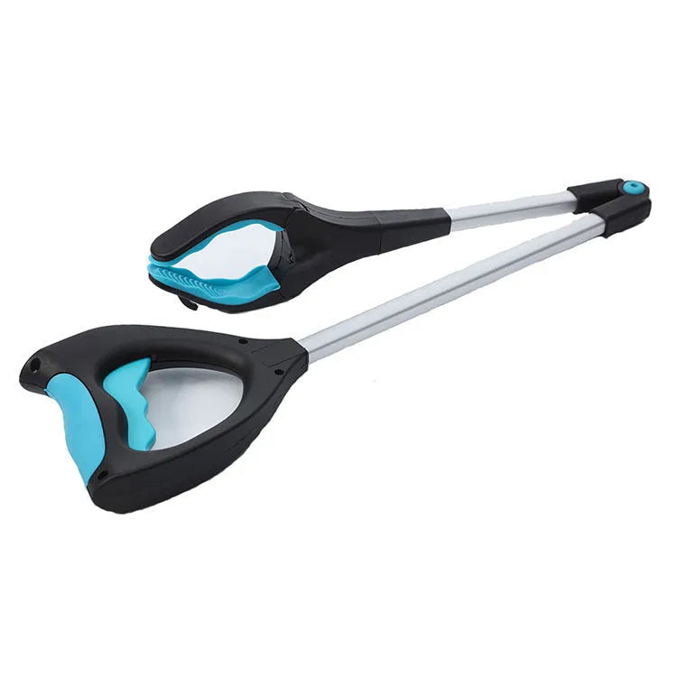 Blue foldable golf ball collector with extended telescopic aluminium tube and stainless steel head