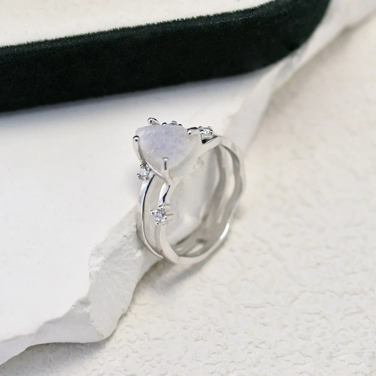 S925 sterling silver ring with an irregular triangle moonstone in rose gold, white gold, or yellow gold finish.